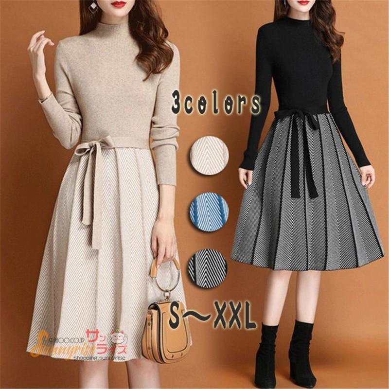 ニットワンピース レディース 40代 秋冬 きれいめ 膝丈ワンピース 長袖 リボン Aラインプリーツスカート ニット 結婚式ドレス 通勤 ロング 着痩せ オシャレ Kne00 サンライズ 通販 Yahoo ショッピング