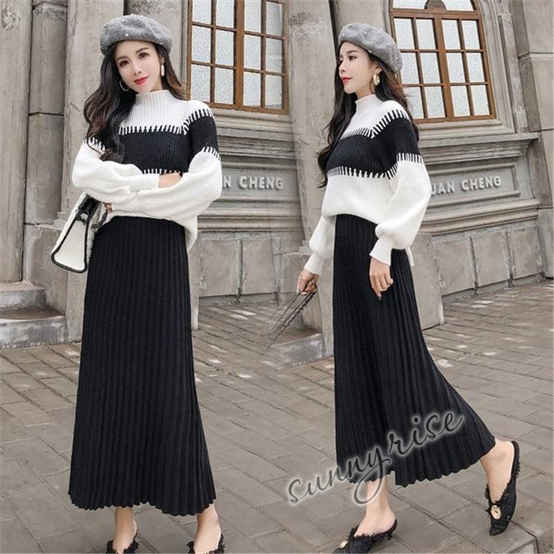セットアップ レディース ニットセット 秋冬 長袖 ボーダー柄 ニットトップス フレアスカート ロング丈 2点セットセーター ブラック ホワイト 通勤 着痩せ Kne0122 サンライズ 通販 Yahoo ショッピング