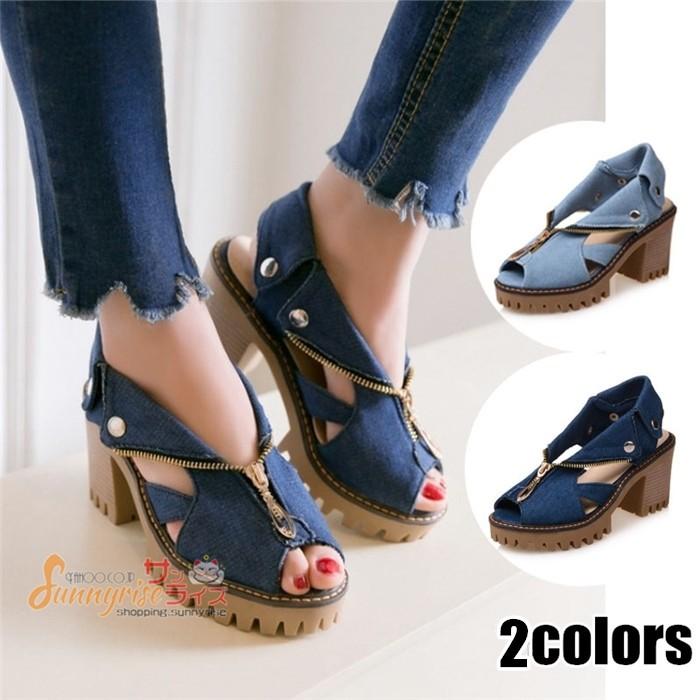 レディース デニムサンダル 靴 デニム 履きやすい ハイヒール スートム スポサン チャンキーヒール パンプス パーティー 春夏 歩きやすい 美脚 サンダル Qwe1190 サンライズ 通販 Yahoo ショッピング