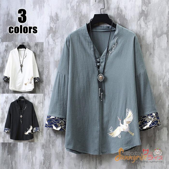 Tシャツ メンズファッション 半袖 夏 Vネック トップス 鶴柄 大きいサイズ 麻繊維 おしゃれ