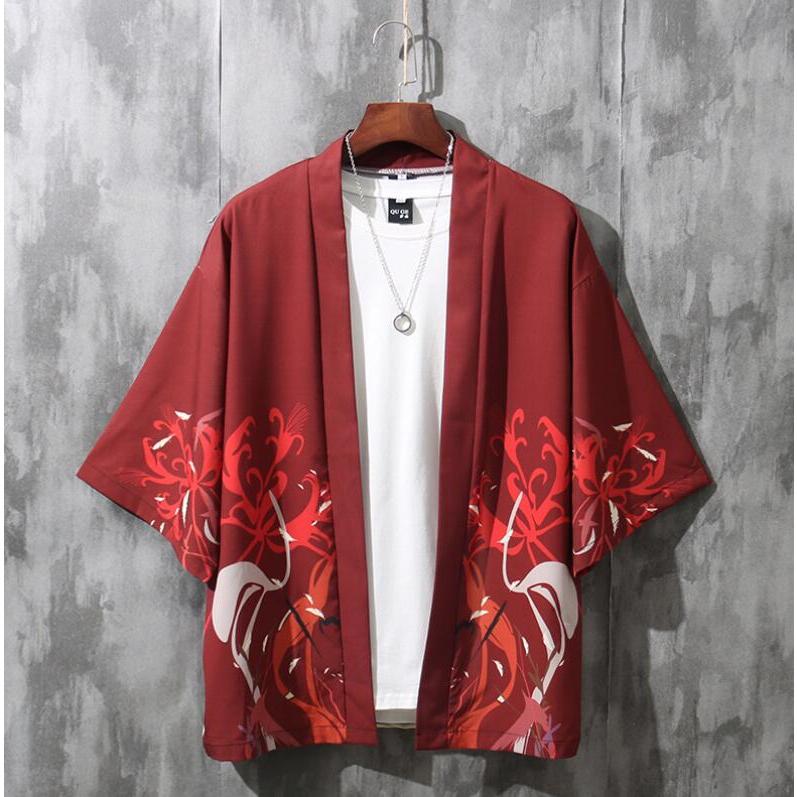 カーディガン 羽織 メンズ 着物 鶴柄 七分袖 甚平風 和風 カジュアル  