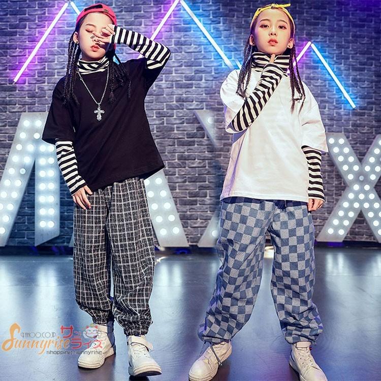 キッズ ダンス衣装 ヒップホップ HIPHOP 子供服 長袖ボーダー柄 トップス パンツ チェックパンツ ズボン 男の子 女の子 ステージ衣装