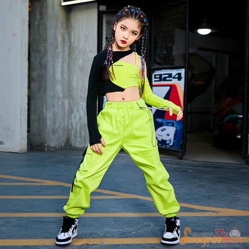 キッズ ダンス衣装 Hiphop ヒップホップ 子供服 へそ出し 黒緑 タンクトップ 蛍光色パンツ 女の子 ガールズ ステージ衣装 練習着 演出服 応援団 Qwe25 サンライズ 通販 Yahoo ショッピング