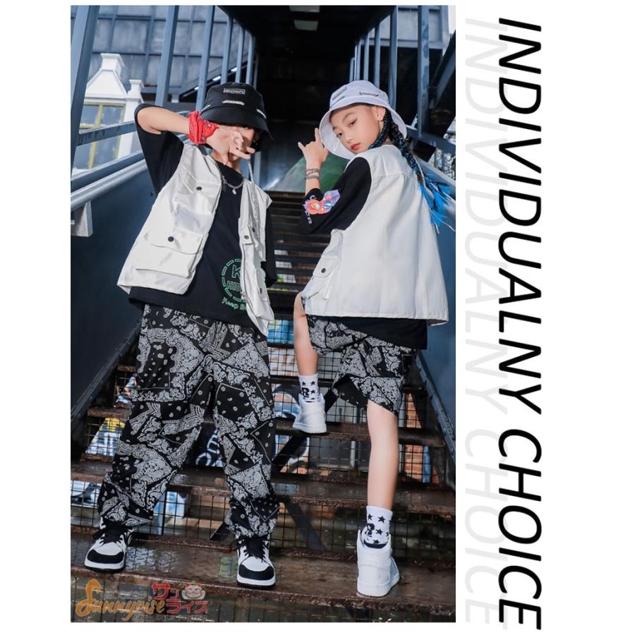 キッズ ダンス衣装 HIPHOP ヒップホップ 子供服 半袖 Ｔシャツ 白ベスト ロングパンツ 男の子 女の子 ステージ衣装 練習着 演出服 体操服｜sunnyrise｜07