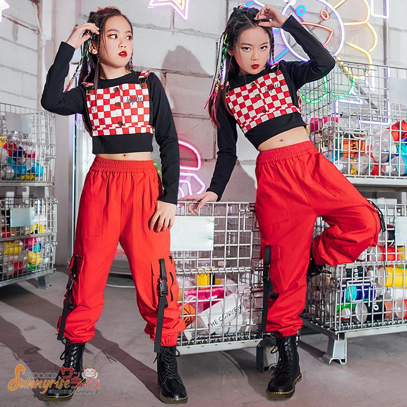 キッズ ダンス衣装 ヒップホップ ガールズ 黒トップス チェック柄ベスト レッド パンツ K-POP ステージ衣装 練習着 演出服 応援団 舞台衣装  :qwe3400:サンライズ - 通販 - Yahoo!ショッピング