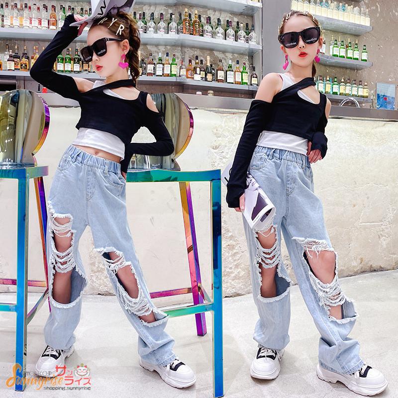 Sale Off キッズ ダンス衣装 子供服 2点セット トップス ジーンズ デニムパンツ Hiphop Jazz 女の子 学生 発表会 演出 舞台 応援ダンス かっこいい 夏用 Aysekilincaslan Com