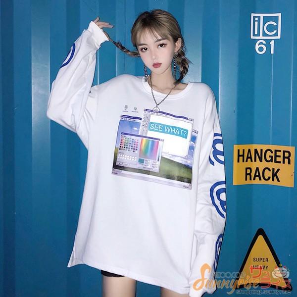レディース ダンス 衣装 コスチューム ヒップホップマークロゴプリントのビッグシルエット長袖tシャツ ゆめかわいい 服 奇抜 派手 個性的 原宿系 Qwe386 サンライズ 通販 Yahoo ショッピング