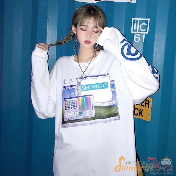 レディース ダンス 衣装 コスチューム ヒップホップマークロゴプリントのビッグシルエット長袖tシャツ ゆめかわいい 服 奇抜 派手 個性的 原宿系 Qwe386 サンライズ 通販 Yahoo ショッピング
