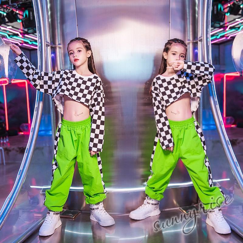 キッズ ダンス衣装 セットアップ ヒップホップ HIPHOP 長袖 チェック柄タンクトップ ズボン 女の子 チア ガールズ 子供服 ステージ