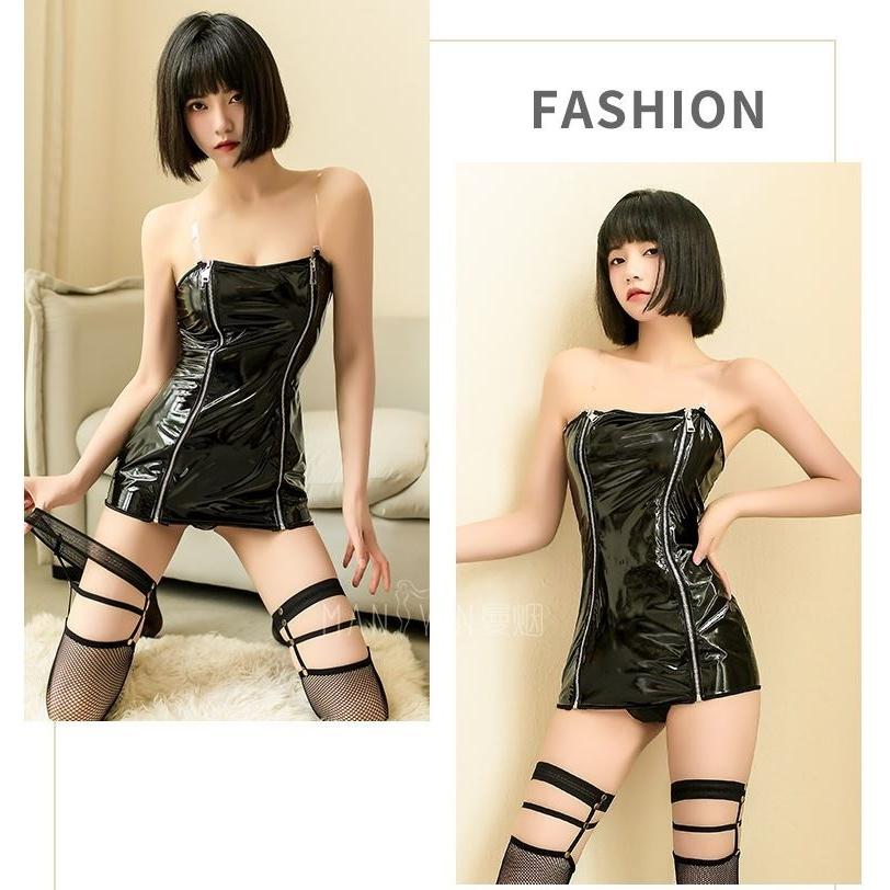 コスプレ ボディコン エナメル 光沢 コスチューム ワンピース セクシーベビードール ストッキング セクシーランジェリー 過激下着 ミニスカ ファスナー