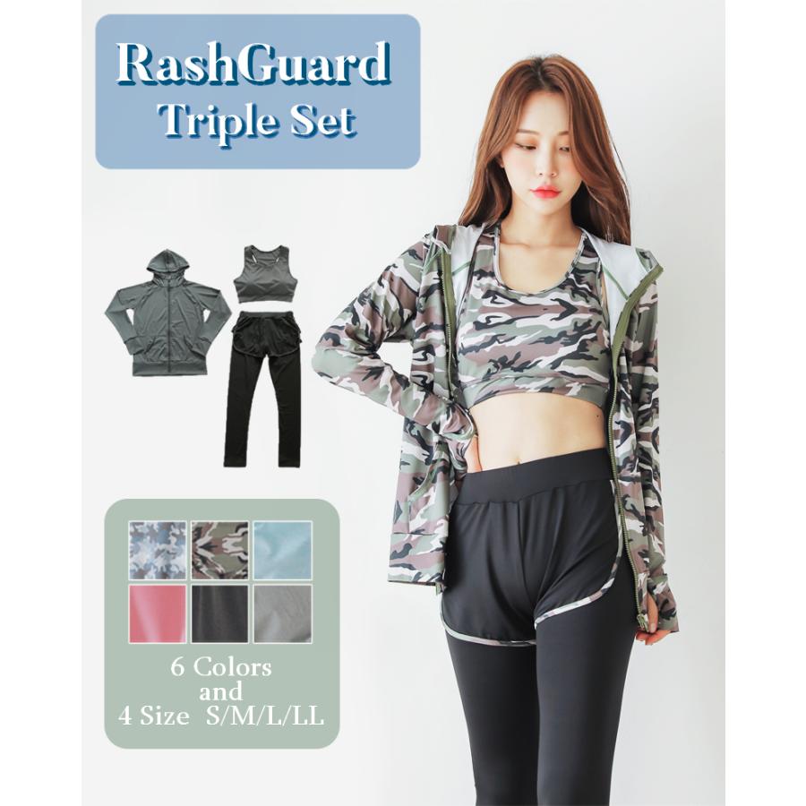 ラッシュガード 3点セット レディース レギンス ショートパンツ 上下  体型カバー UVカット 紫外線対策 日焼け防止 パーカー ゆったり 長袖 おしゃれ | 