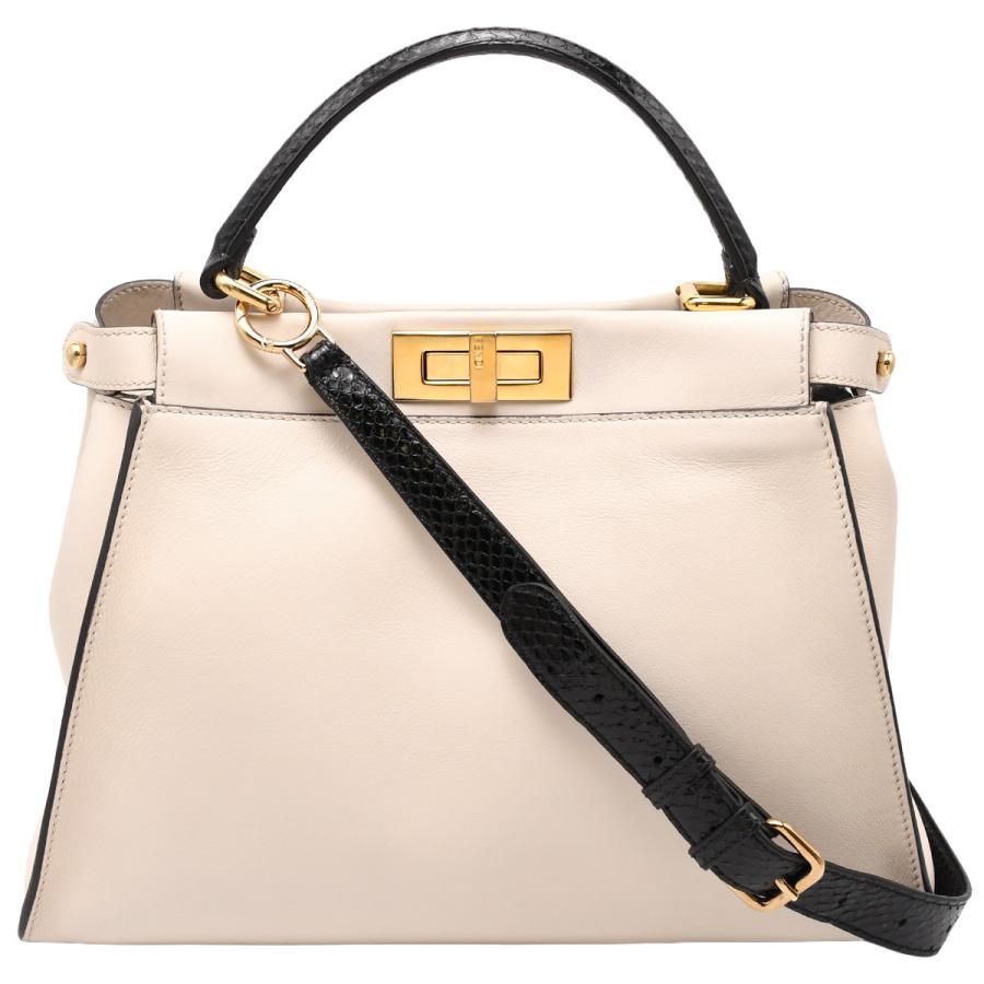フェンディ FENDI モンスター ピーカブー レギュラー 8BN290 ハンドバッグ 2way ショルダー パイソン レザー ホワイト ブラック ゴールド金具 | FENDI