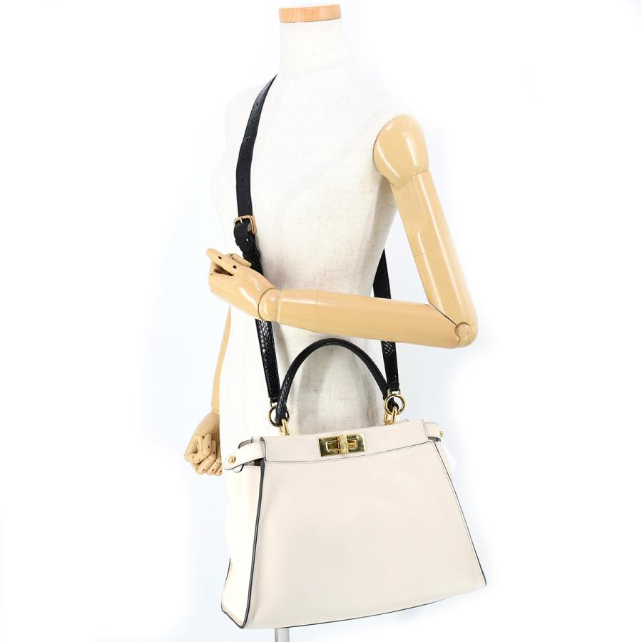 フェンディ FENDI モンスター ピーカブー レギュラー 8BN290 ハンドバッグ 2way ショルダー パイソン レザー ホワイト ブラック ゴールド金具 | FENDI | 10