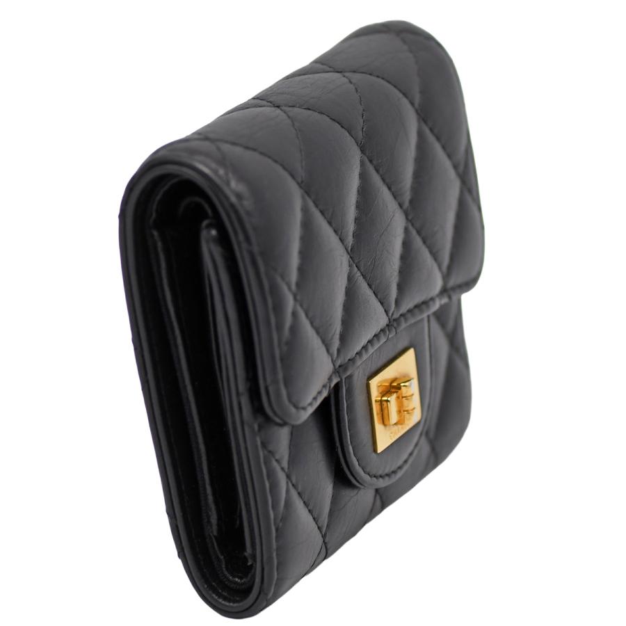 シャネル CHANEL スモール フラップ ウォレット 2.55 三つ折り 財布 コンパクト レザー ブラック 黒 ゴールド金具 A82723の画像