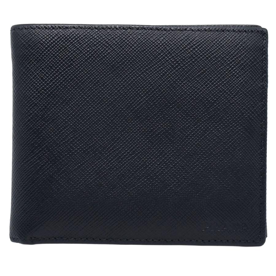 【極美品】プラダ 二つ折り財布 サフィアーノレザー ネイビー 2MO738 PRADA（プラダ） コンパクト ウォレット ロゴ 二つ折り 財布 小物