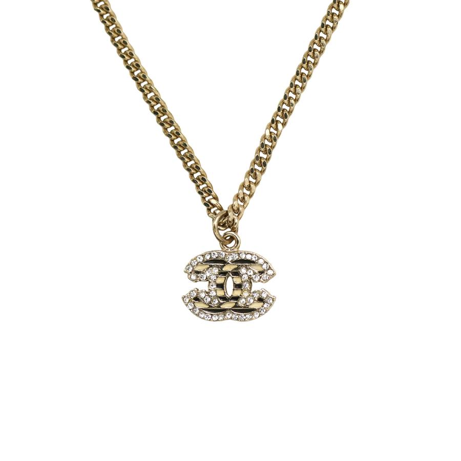 シャネル CHANEL ココマーク ネックレス ペンダント アクセサリー ラインストーン ボーダー CC ロゴ メタル ゴールド ブラック ホワイト 06A_2