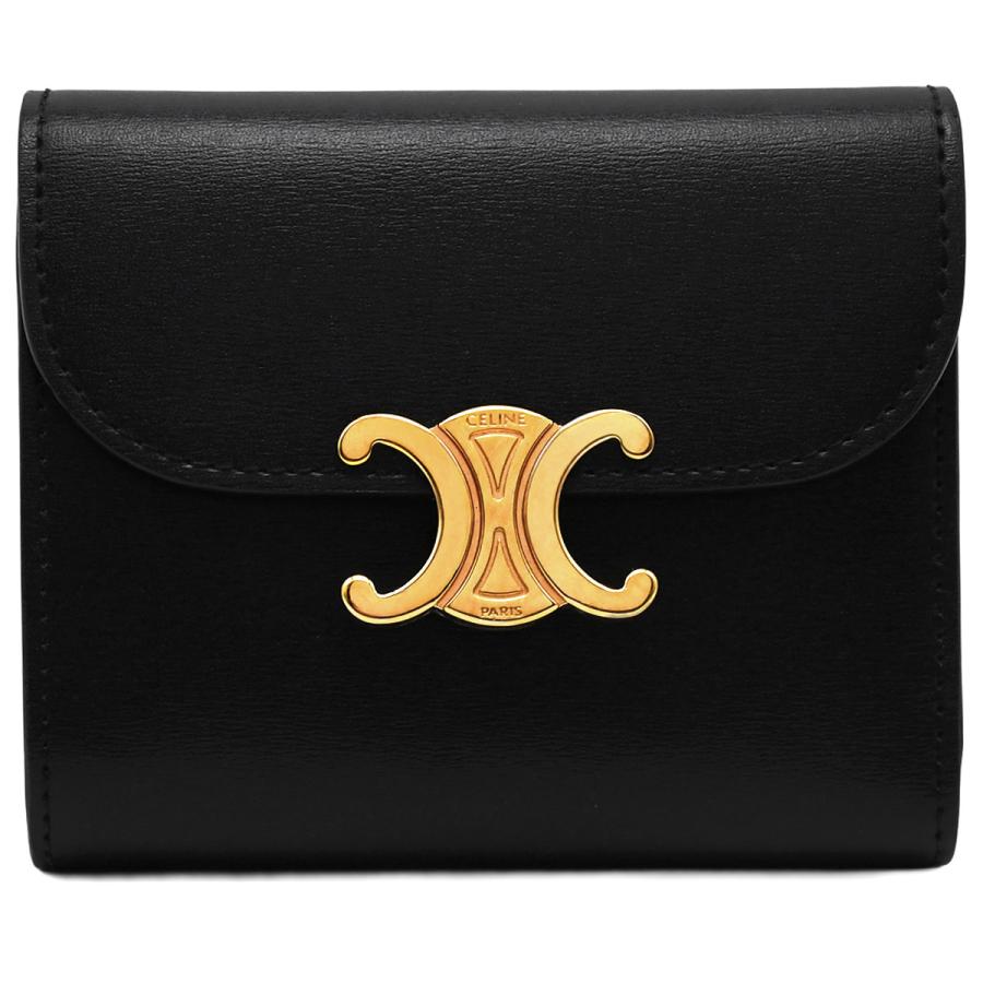 美品 セリーヌ スモールフラップウォレット 財布 トリオンフ レザー 金具 黒 CELINE（セリーヌ） スモール フラップウォレット トリオンフ