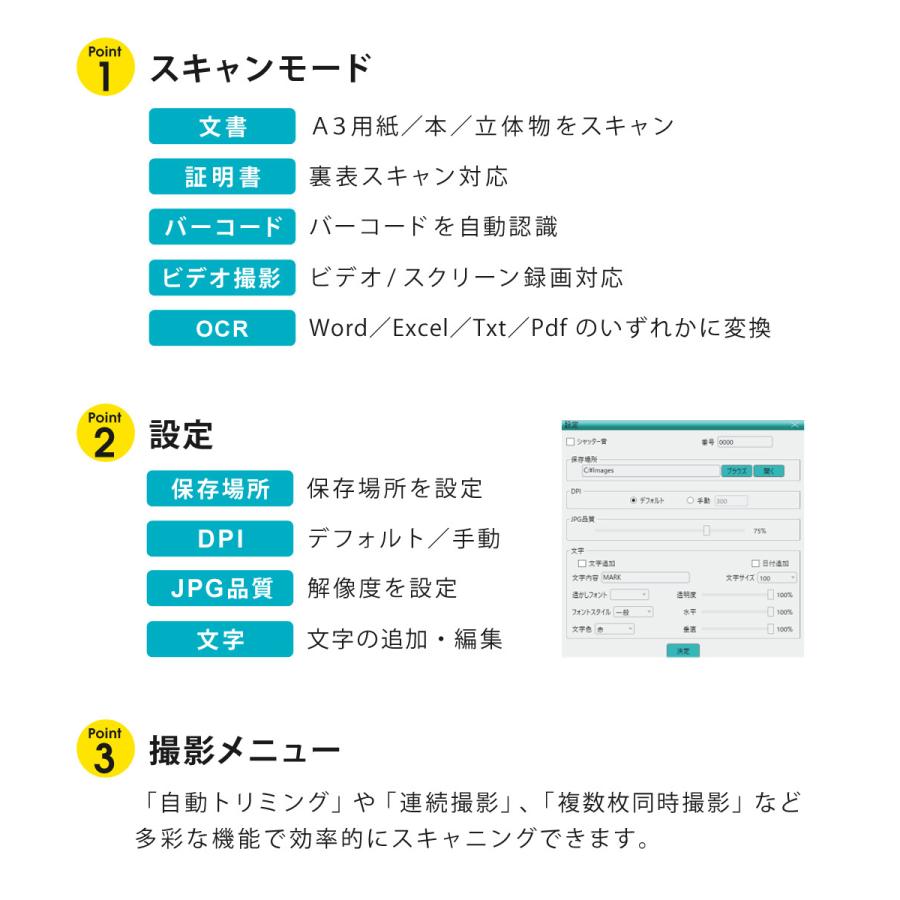 スキャナー USB A3対応 1300万画素 OCR機能 動画 デジタル化 Skype