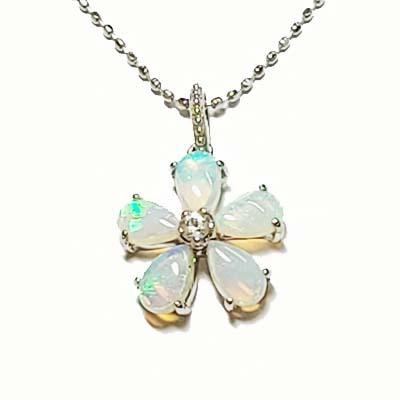 k10WG ホワイトゴールド ペンダントネックレス オパール5石 ダイヤ2石  