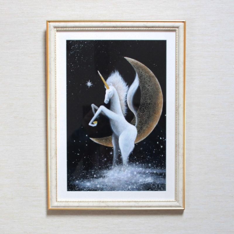 ユニコーン ムーン 絵画 額入り 壁掛け 絵 玄関 馬 ホース 風水 グッズ