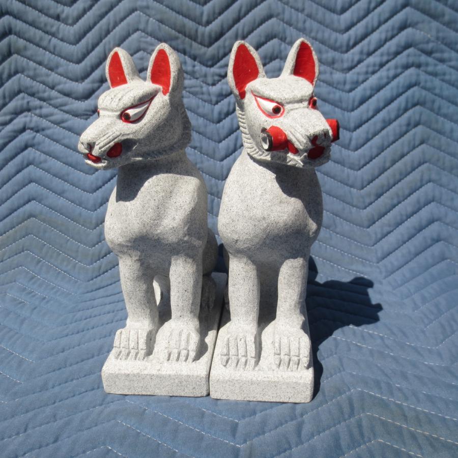 見事な キツネ 御影石 石 置物 お狐様 お稲荷 10寸 一対 その他 Labelians Fr