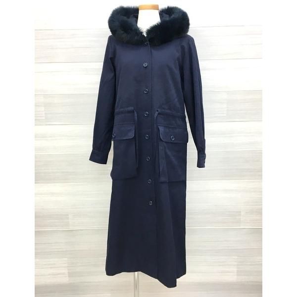 イヴサンローラン ロング コート YSL コットン フォックスファー 上品 シンプル レディース Mサイズ ネイビー Yves Saint