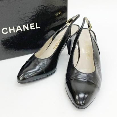 CHANEL パンプス ハイヒール 箱付 レザー サンダル シューズ バック