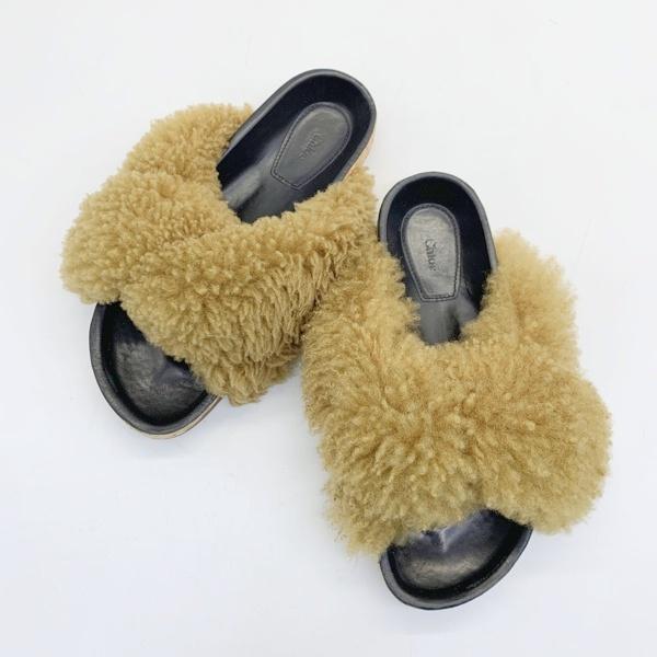 Chloe クロエ ファー ボア コルクソール フラット サンダル ミュール  