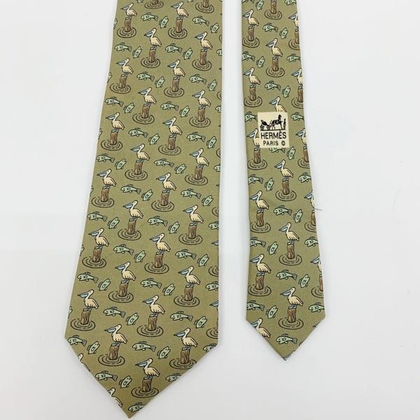 HERMES シルクネクタイ（ペリカンと魚柄） HERMES（エルメス） ネクタイ シルク 7533 ペリカン 魚 スーツ用小物