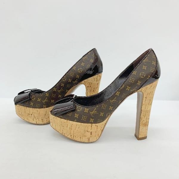 ほ*ん様 ルイヴィトン レザー モノグラム 総柄 オープントゥパンプス ハイヒー LOUIS VUITTON（ルイ・ヴィトン） モノグラム柄 総柄 リボン オープン
