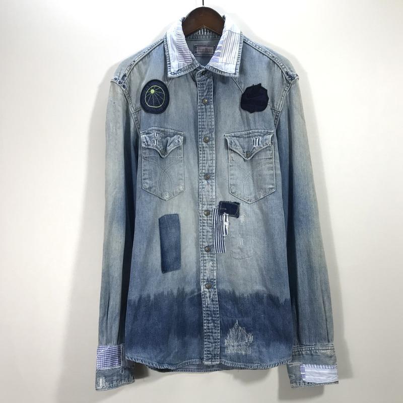 最安 ブルーブルー パッチワークデニムシャツ 長袖 デニムシャツ 古着 加工 メンズ サイズ2 ブルー Blueblue トップス 878 アウトレット送料無料 Dev Bioalternativa Pt