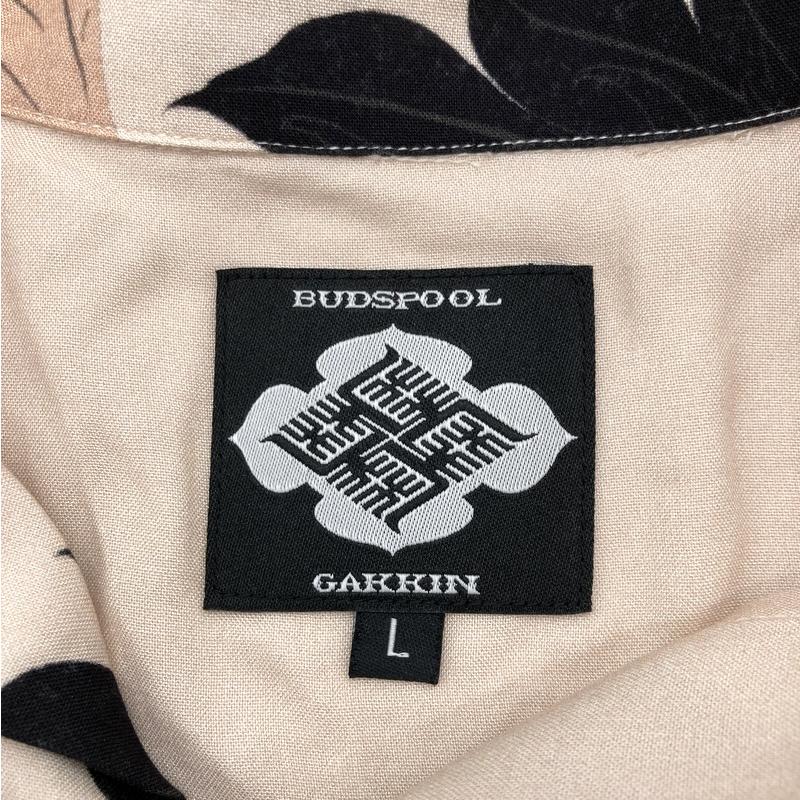 BUDSPOOLｘGAKKIN バッズプール ガッキン 舐達麻 赤目鶴 ハワイアンシャツ 美品 アロハシャツ メンズ Lサイズ ピンクベージュ トップス A16221◆の画像