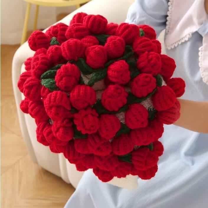 花束ブランケット 可愛い 手編み薔薇 レッド バラ ブーケブランケット