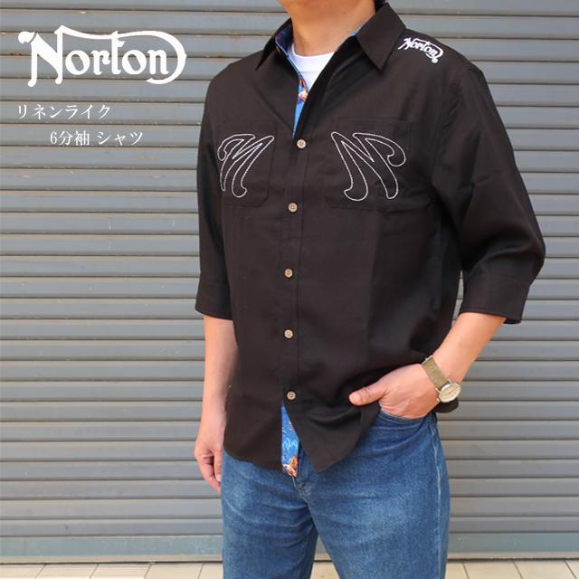 ノートン（NORTON） シャツ メンズ リネンライク 6分袖 シャツ 黒