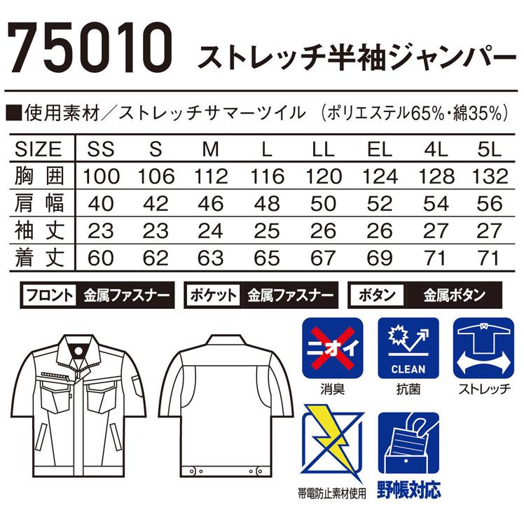 自重堂 作業服 半袖ジャンパー Z-DRAGON 75010 帯電防止 消臭