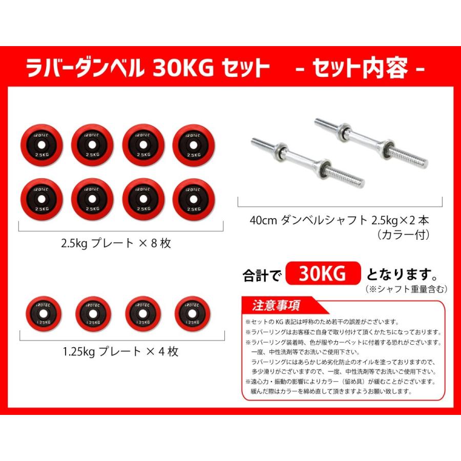 ダンベル IROTEC(アイロテック)ラバー ダンベル30kgセット / 筋トレ 鉄アレイ トレーニング器具 ベンチプレス ダンベルセット スクワット ezバー 器具 鉄アレー｜super-sports｜02