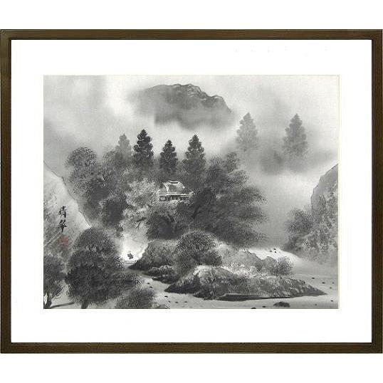 肉筆 日本画 山水画「奇峰競秀」翠松 作 額装 水墨画 掛け飾り 堀江晴