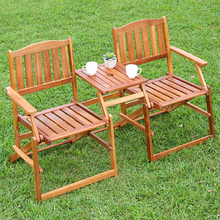 【新品・送料無料】フォールディング　ラブベンチ パラソル使用可能 ガーデンベンチ 屋外 木製 ガーデンチェア 木製