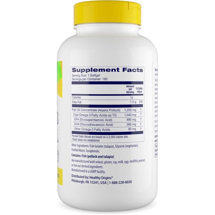 ヘルシーオリジンズ トリプルストレングス オメガ3 フィッシュオイル 1250mg (180ソフトジェル) Healthy Origins Omega-3 Fi お取り寄せの画像