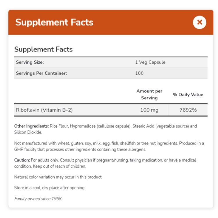 ナウフーズビタミンB2 100mg 100粒 NOW Foods Vitamin B-2 100 mg Veg Capsules｜supplefactory｜04