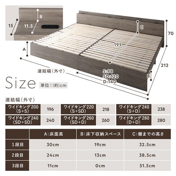 ワイドキング 260 SD＋D 国産ポケットコイルマットレス付 ハード シャビーオーク 連結 高さ調整可 【グレイトス】 宮付 すのこ