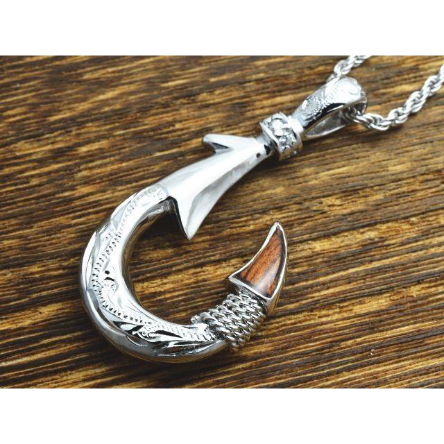 ハワイアンジュエリー ペンダント メンズ コアウッド フィッシュフック 釣り針 Lサイズ お守り シルバー925 プラチナ ハワジュの画像