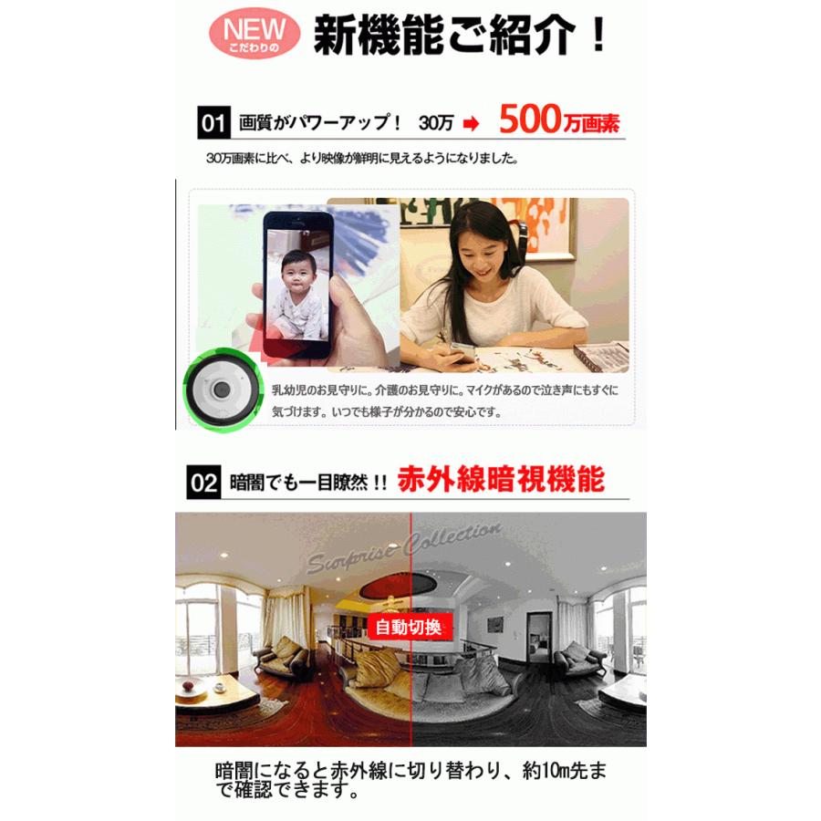 防犯カメラ 360度 500万画素 Wifi 常時録画 SDカード録画 動体検知