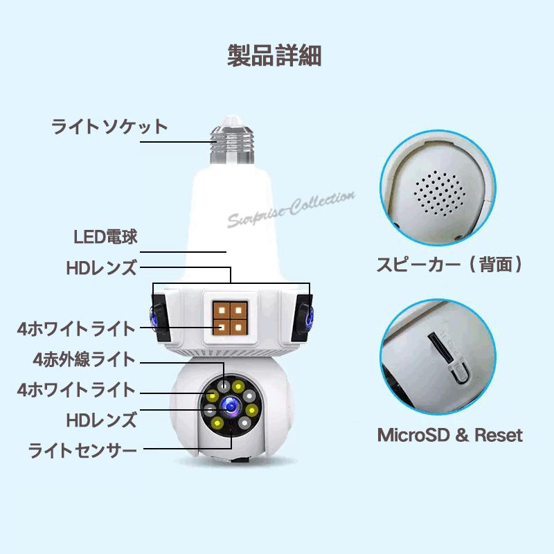 【最終価格値下げ】LED監視カメラ 録画装置不要 3レンズ 3画面 600万画素 防犯カメラ LED電球型 Wifiカメラ ベビー