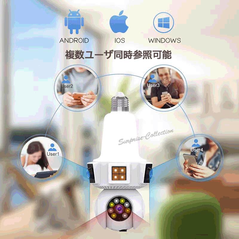 3レンズ 3画面 600万画素 防犯カメラ LED電球型 Wifiカメラ ベビー