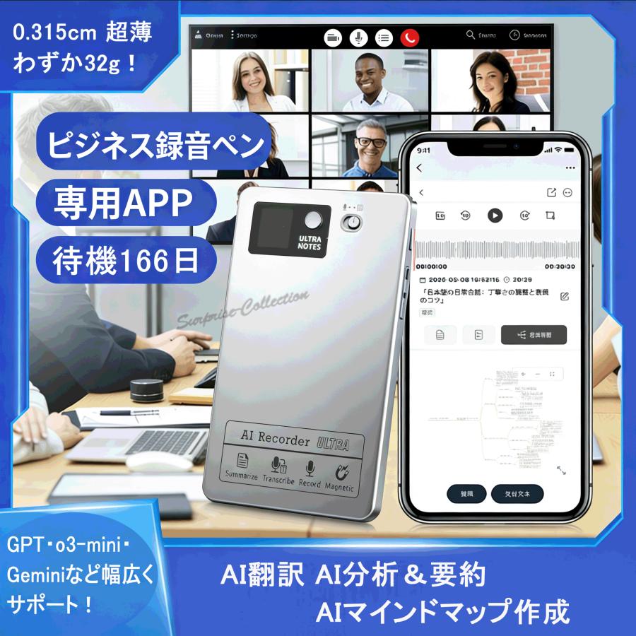 AIボイスレコーダー ChatGPT5対応録音ペン 会議録音 翻訳 分析 要約