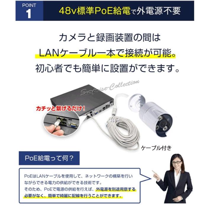 防犯カメラ 屋外 POE給電 セット 常時録画 電源不要 家庭用 屋内 動体
