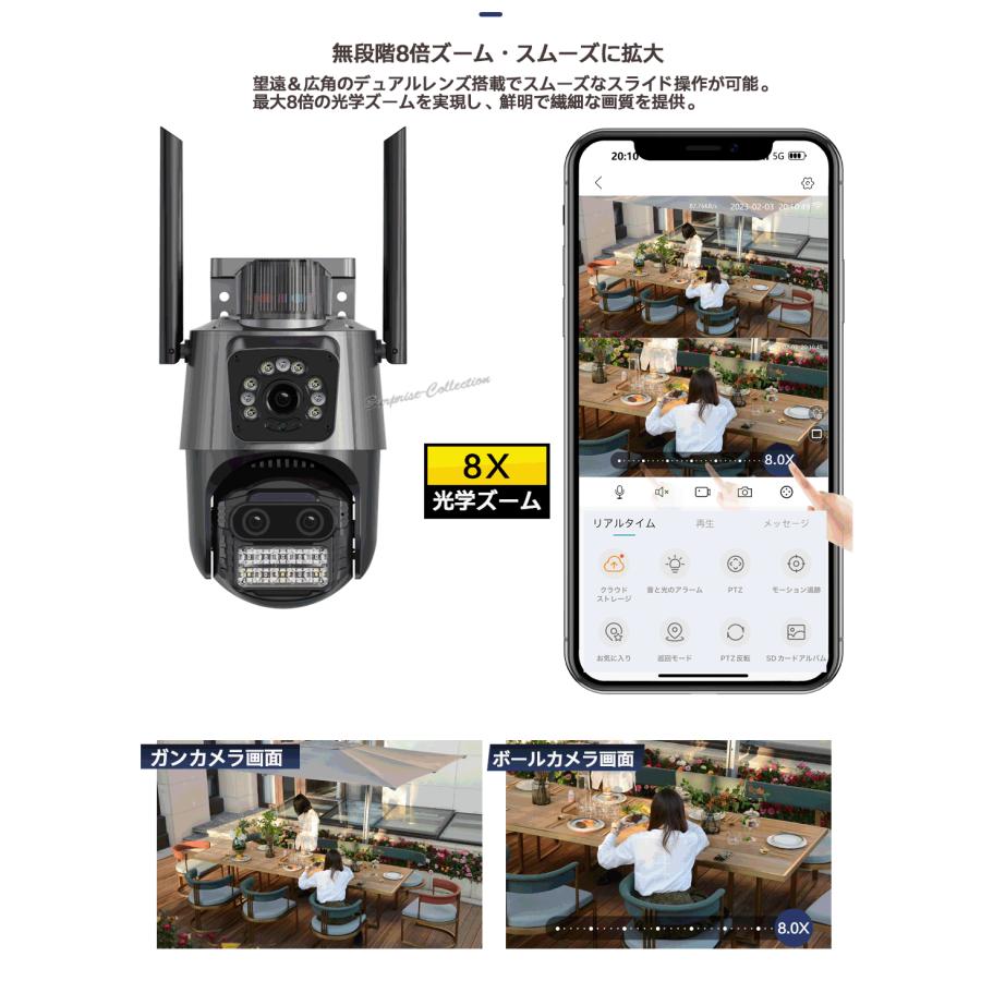 防犯カメラ 屋外 wifi パンチルト 自動追跡 3眼レンズ 8倍光学ズーム