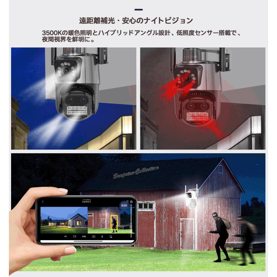 防犯カメラ 屋外 wifi パンチルト 自動追跡 3眼レンズ 8倍光学ズーム