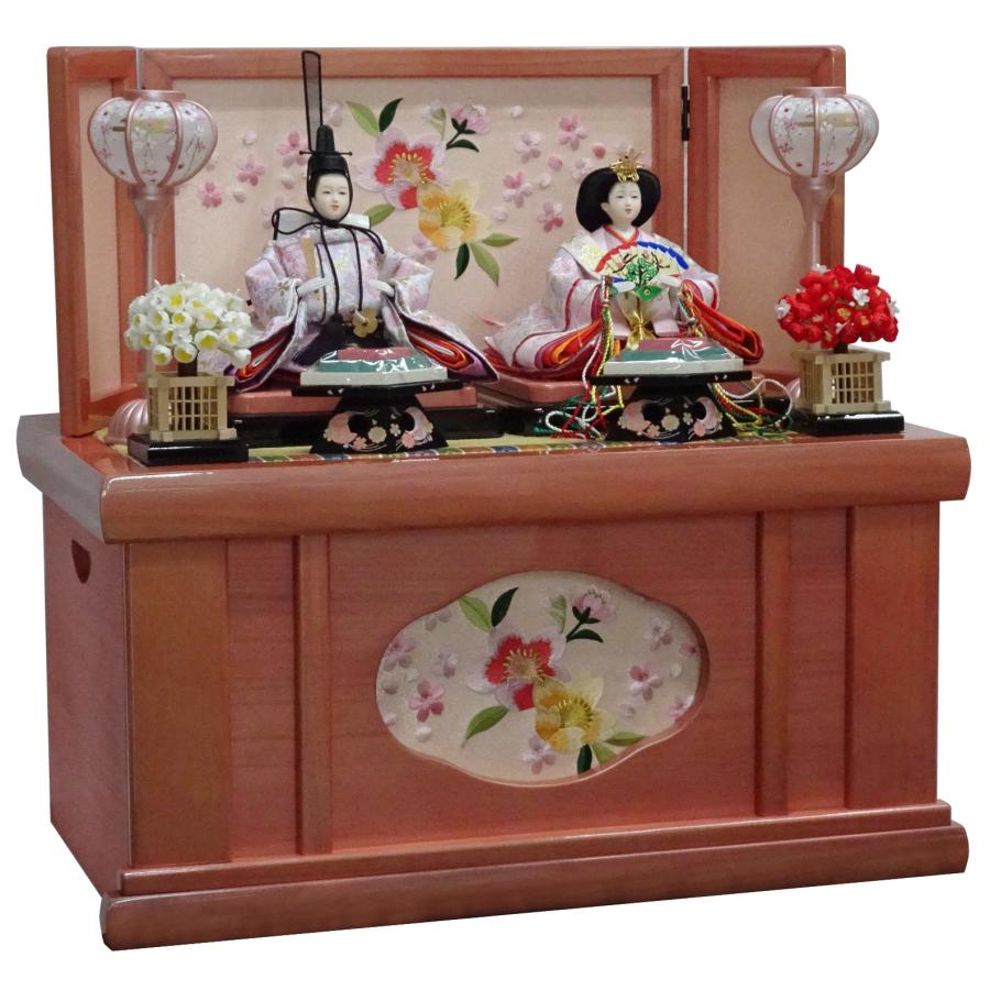 雛人形 収納飾り コンパクト おしゃれ 間口54cm刺繍桜柄収納ピンク塗り 芥子親王(金襴衣装白系) お顔Bタイプ_1